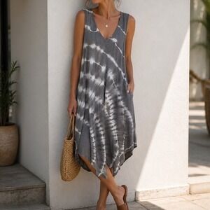 Z Supply Midi Dress Womens XS Grey Tie Dye Handkerchief Hem Cotton Boho Coastal
